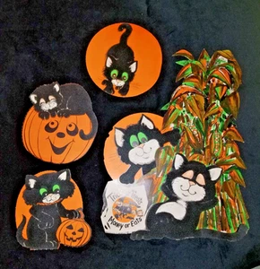 4 Halloween gestanzte Kürbis schwarz Samt Katze Papier Deko unbeschriftet - Bild 1 von 10