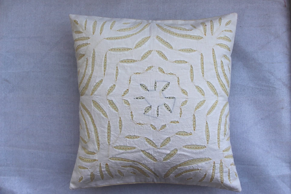 Handcrafted White & Beige Cushion Cover with Traditional Kantha Hand Embroidery - Image 1 of 4