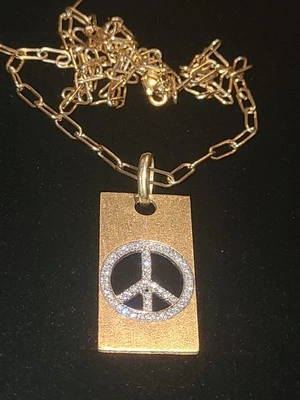 Золотой знак мира 14k, золотой бриллиант мира ожерелье, знак мира подвеска W бриллианты - Изображение 1 из 4