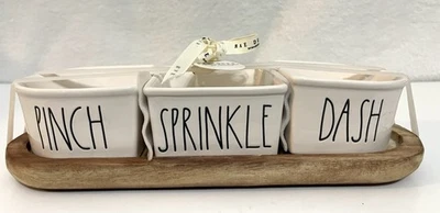NEW RAE DUNN 3 pc PINCH SPRINKLE DASH SPICE PREP BOWLS SET WOOD TRAY WHITE - Image 1 of 4