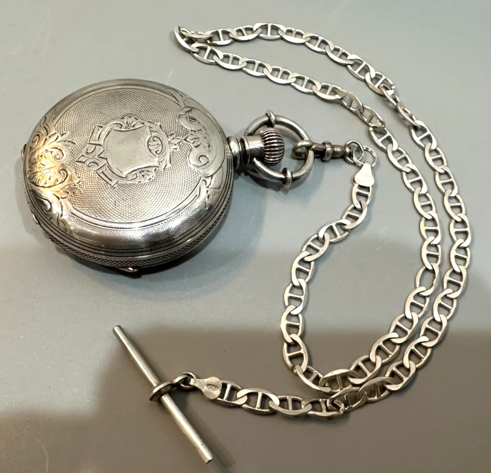 Reloj Bolsillo Hamilton s.18 Caja Hunter Plata, con Cadena Plata 20 pulgadas Foto 1 de 4