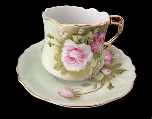 VINTAGE LEFTON GREEN HERITAGE HAND PAINTED ROSES MUG CUP w/ SAUCER GOLD TRIM - Picture 1 of 3