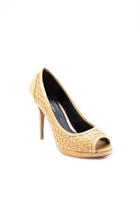 Donald J Pliner Womens Stiletto Woven Leather Peep Toe Pumps Brown Size 8M - Picture 1 of 7