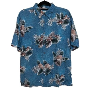 Island Shores Men’s L Tropical Blue Hawaiian Floral Short Sleeve Button Up - Picture 1 of 4