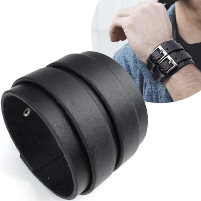 Pulseira masculina punk larga de couro genuíno pulseira bracelete ajustável - Imagem 1 de 4