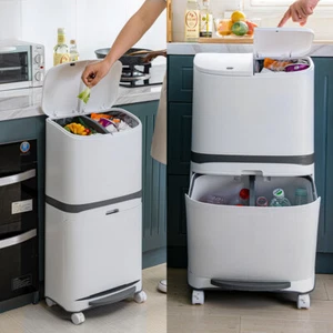 48 Litre Mobile Recycling Pedal Bin Twin 2 Compartment Kitchen Rubbish Waste Can - Picture 1 of 8