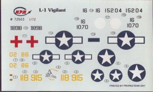 MPM 1/72-SCALE DECALS-ONLY VULTEE STINSON L-1 VIGILANT O-49 WW2 USAAC LIAISON AI - Picture 1 of 1