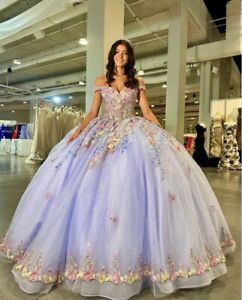 Lilac Princess Quinceanera Dresses Beaded 3D Flowers Sweet 15 16 Prom Ball Gowns