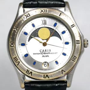 SEIKO ALBA CARIB Watch V338-6A30 1990 White Silver Moon Phase Date indicator - Picture 1 of 8