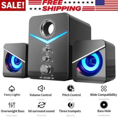 USB Computer Speakers System Stereo Bass Subwoofer LED for Desktop Laptop PC - Image 1 of 4
