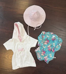 Rufflebutts  Blue & Pink Floral Swimsuit Hat & Terry Cloth Robe Set 6-12 Months - Picture 1 of 9