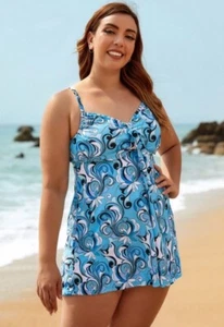 Übergröße 18 blau bedruckt Herzausschnitt verstellbare Träger Badekleid. - Bild 1 von 10