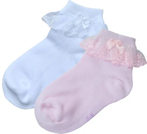 2 Pair BePe Baby Little Girl Toddler Baby Lace Ruffle Socks - Pink or White - Picture 1 of 12