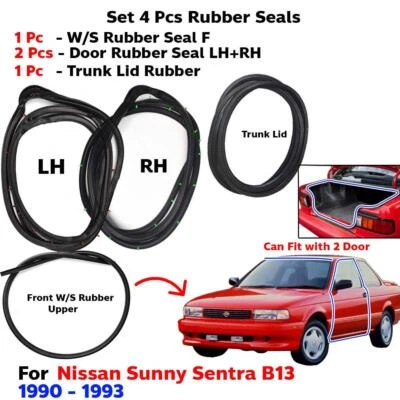 Weatherstrip Rubber Seal Fits Nissan Sentra Sunny B13 2D Sedan 1990-93 Set 4 New - Imagem 1 de 4