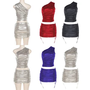 Damen Set Karneval Kleid Hohe Taille Outfit Raves Metallisch Crop Top 2-teilig - Picture 1 of 35