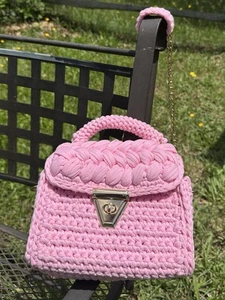 Rosa gehäkelte Damen Handtasche gewebt Umhängetasche Strickhandtasche Schultertasche - Bild 1 von 10