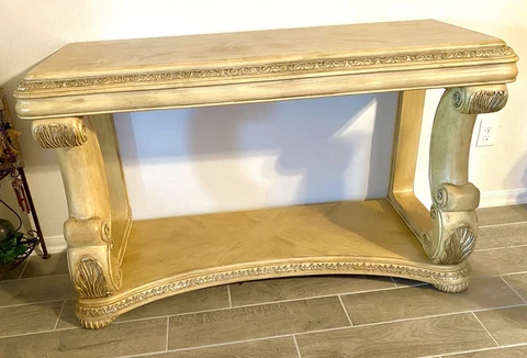 Vintage Schnadig Neoclassical Carved Wood Console Table 57x21x35 Inch Cover