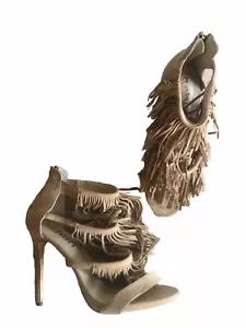 Schuh Sandals Beige Suede Fringe Back Zip Stiletto Heel Size 6 39 Ex/Cond - Picture 1 of 6