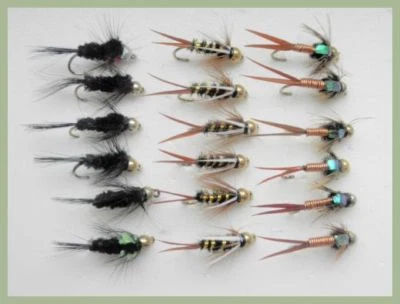 TROUTFLIES UK Goldkopfnymphen, Fliegenfischen, 18 x Montana, Prince & Copper John, Größe 10/12