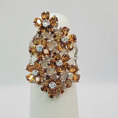 Anel floral de zircão amarelo e branco natural tamanho 8 platina sobre prata esterlina - Imagem 1 de 4