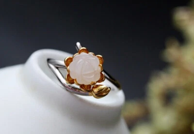 D10 Anello Fiori di Loto Knospe Giada 925 Argento Sterling Misura Regolabile - Immagine 1 di 4