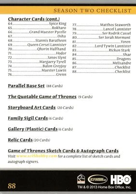 CHECKLIST / Game Thrones Season 2 (2013) BASE Trading Card #88 - Image 1 of 2