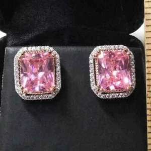 2.2ct Radiant Cut Lab Created Pink Sapphire 14k White Gold Plated Stud Earrings - Picture 1 of 4