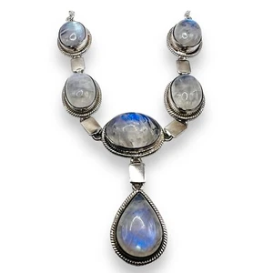 Natural Rainbow Moonstone Drop Necklace 925 Sterling Silver 17.5” - Picture 1 of 9