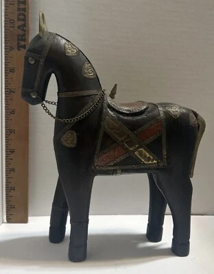 Indian Hand Carved Wood Horse Copper and Brass Vintage - Image 1 of 4