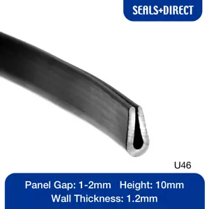 Rubber U Channel Section U46 - Fits 1mm to 2mm Panel Edge - 10mm Height - Black - Picture 1 of 2