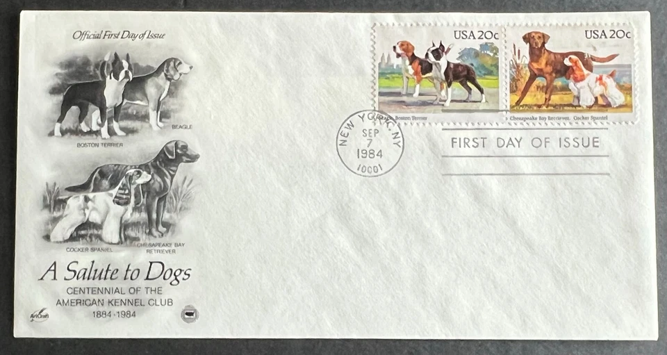 A SALUTE TO DOGS #2098-99 SEP 7 1984 NEW YORK NY FIRST DAY COVER (FDC) BX3-2 - Image 1 of 1