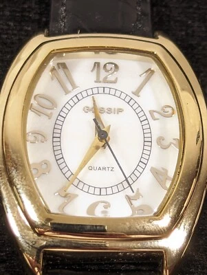 Gossip Womans White Dial Gold Tone Case Black Leather Band Watch 7.5 Inch - Image 1 of 4