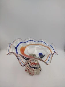 Vintage Hand Blown Art Glass Compote Footed Bowl Red Orange Blue 9 1/2" Round  - Picture 1 of 4