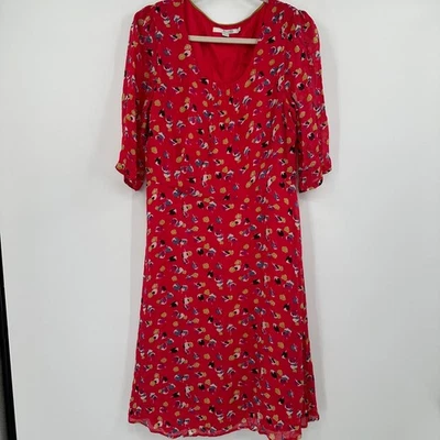 Boden Red Floral Midi Dress V Neck 3/4 Sleeve Viscose Women's UK 14 US 10 - Image 1 of 4