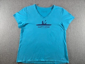 Womens Life is Good “Happy Hour” Short Sleeve Top Blue  XL Canoe & Dog Graphic - Picture 1 of 7