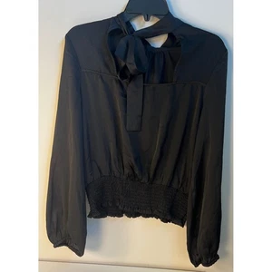 Francesca's Black Long Sleeve Tie Back Smocked Blouse Top - Women's XL. NWT - Picture 1 of 6