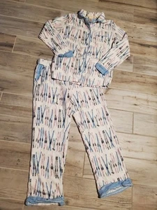 Munki Munki Ski Skiing Pajamas Small 2-Piece Soft Flannel Winter Pink Blue Women - Picture 1 of 4