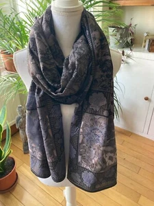 Black ethnic vintage rectangular flowered pattern shawl and neck wraps - Picture 1 of 6