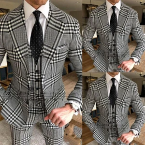 Plaid Men's Suits 3 Piece Slim Fit Formal Business Blazer Wedding Groom Tuxedos - Picture 1 of 7