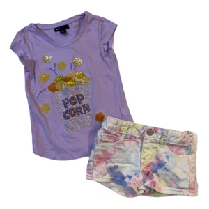 Gap Sz 5 Girls Popcorn Sequin Shirt & Tie-Dye Denim Shorts Outfit - Picture 1 of 8