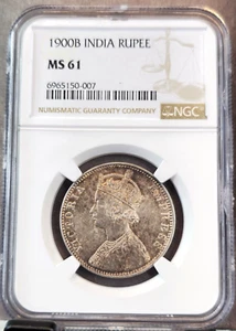 1900 INDIA SILVER 1 RUPEE QUEEN VICTORIA NGC MS 61 GREAT LOOKING COIN - Picture 1 of 3