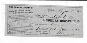 PENNSYLVANIA 1863 Philadelphia The Sunday Dispatch Newspaper Advertising Receipt - Picture 1 of 2