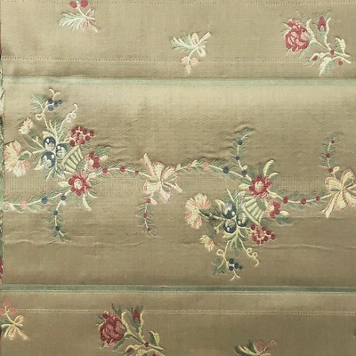 Vintage Olive French Stripe Floral 100% Cotton Upholstery Fabric 50" B/T Yard - Image 1 of 4