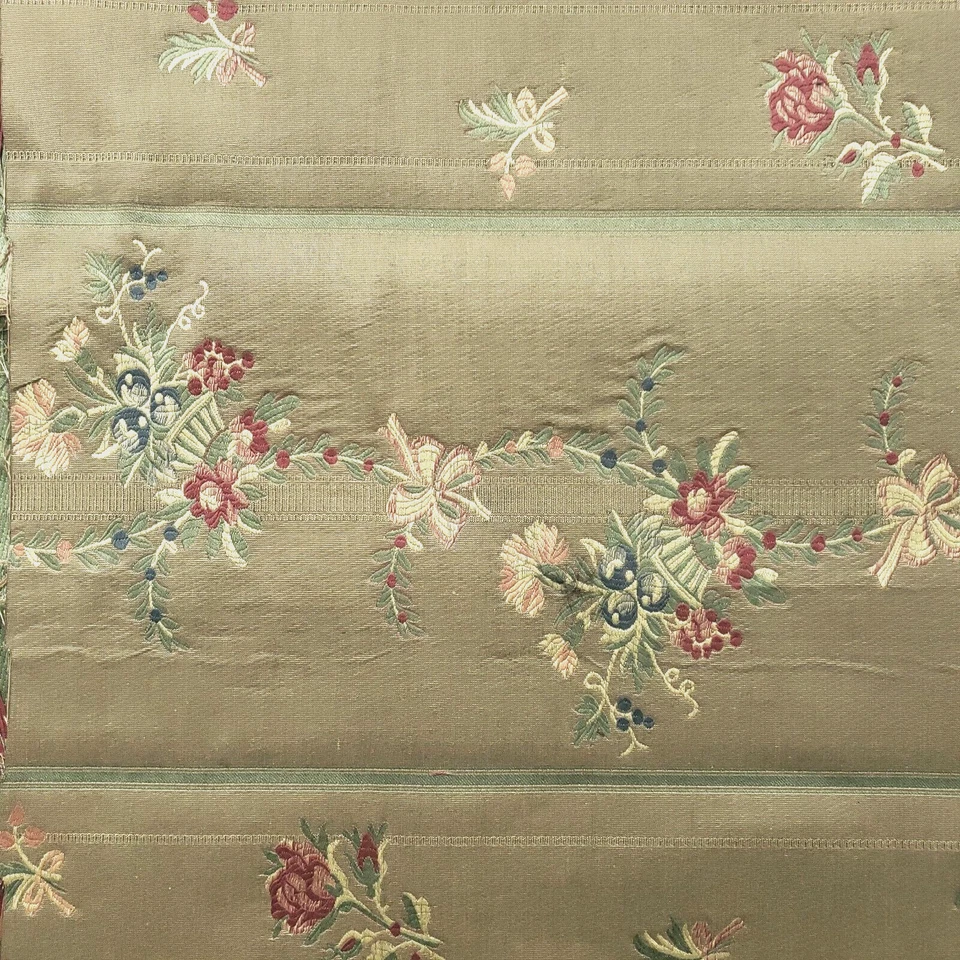 Vintage Olive French Stripe Floral 100% Cotton Upholstery Fabric 50" B/T Yard - Image 1 of 4