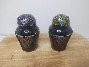 Burmese Lacquerware Decorative Owl Trinket Jar Hand Painted Set of 2 Vintage - Picture 1 of 4