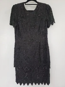 Vintage Silk Cocktail Dress 80s Sequin Flapper Wearable Art Deco Beaded GATSBY - Picture 1 of 8