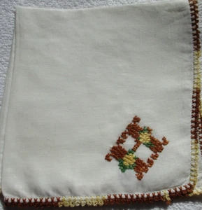 Vtg White Handkerchief Hand Monogrammed "H" in Brown. Crocheted Brown Border - Picture 1 of 3