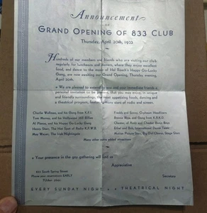 RARO! 1933 GRANDE MENU APERTURA 833 STRIP CLUB PRIMAVERA ST LOS ANGELES CA CARTOLINA - Foto 1 di 6