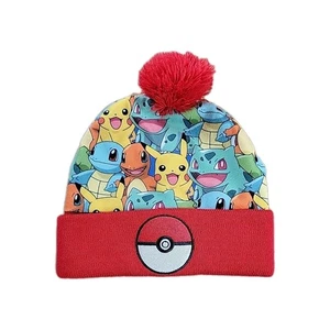 Pokemon Pikachu Pom Pom Beanie Hat Kids One Size Multicolor Knitted Cuffed - Picture 1 of 5