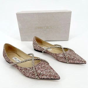 Jimmy Choo Rose Gold Genevi Coarse Glitter Crystal Pointed Toe Flat size IT 39.5 - Picture 1 of 13